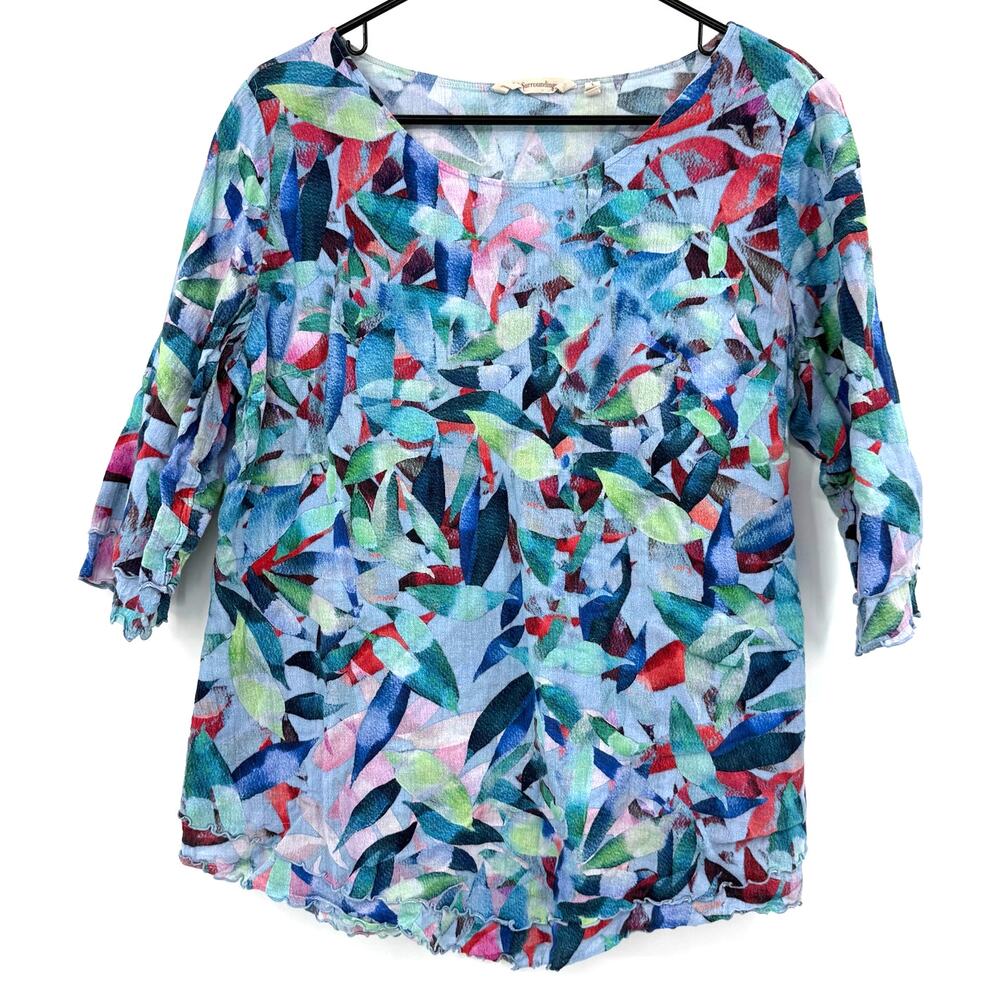 Soft Surroundings Size Large Blouse Top Shirt Blue Green Red Geometric Print